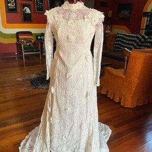 Vintage 1970s Lace Wedding Dress | High Neck Long Sleeve Boho Bridal Gown